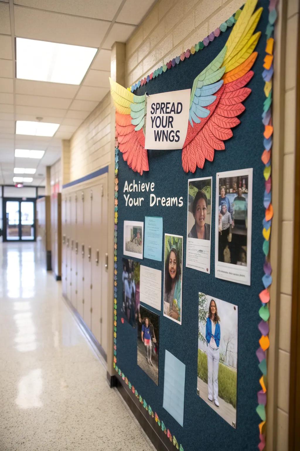 An inspiring notice board with wings, encouraging students to dream of flight.