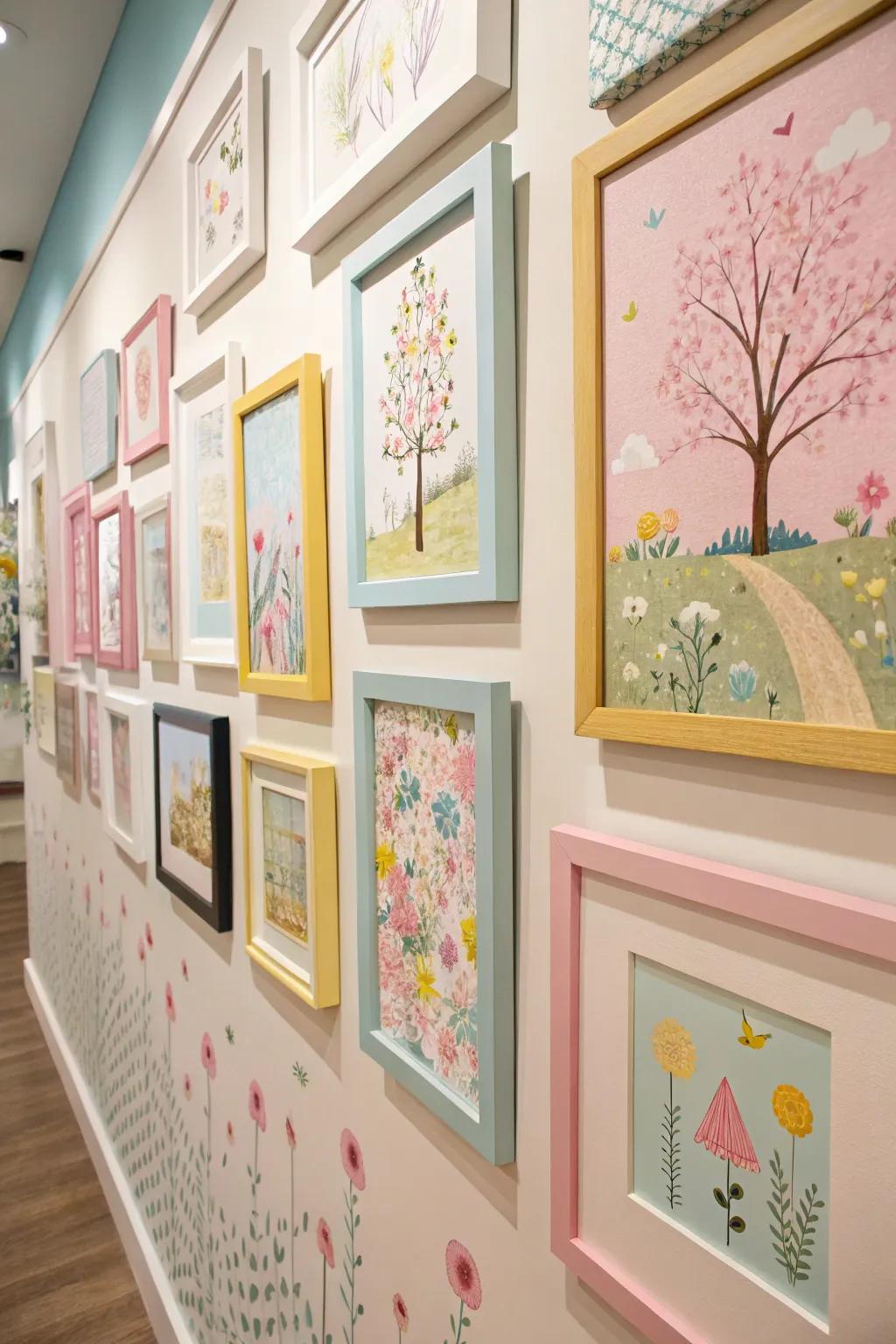 A subtle gallery wall incorporates a playful and vibrant feature to your residence.