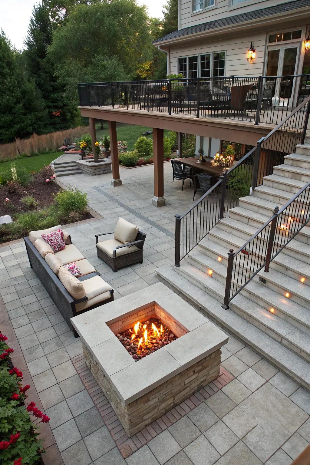 Multi-level designs add depth and dynamism to patio spaces.