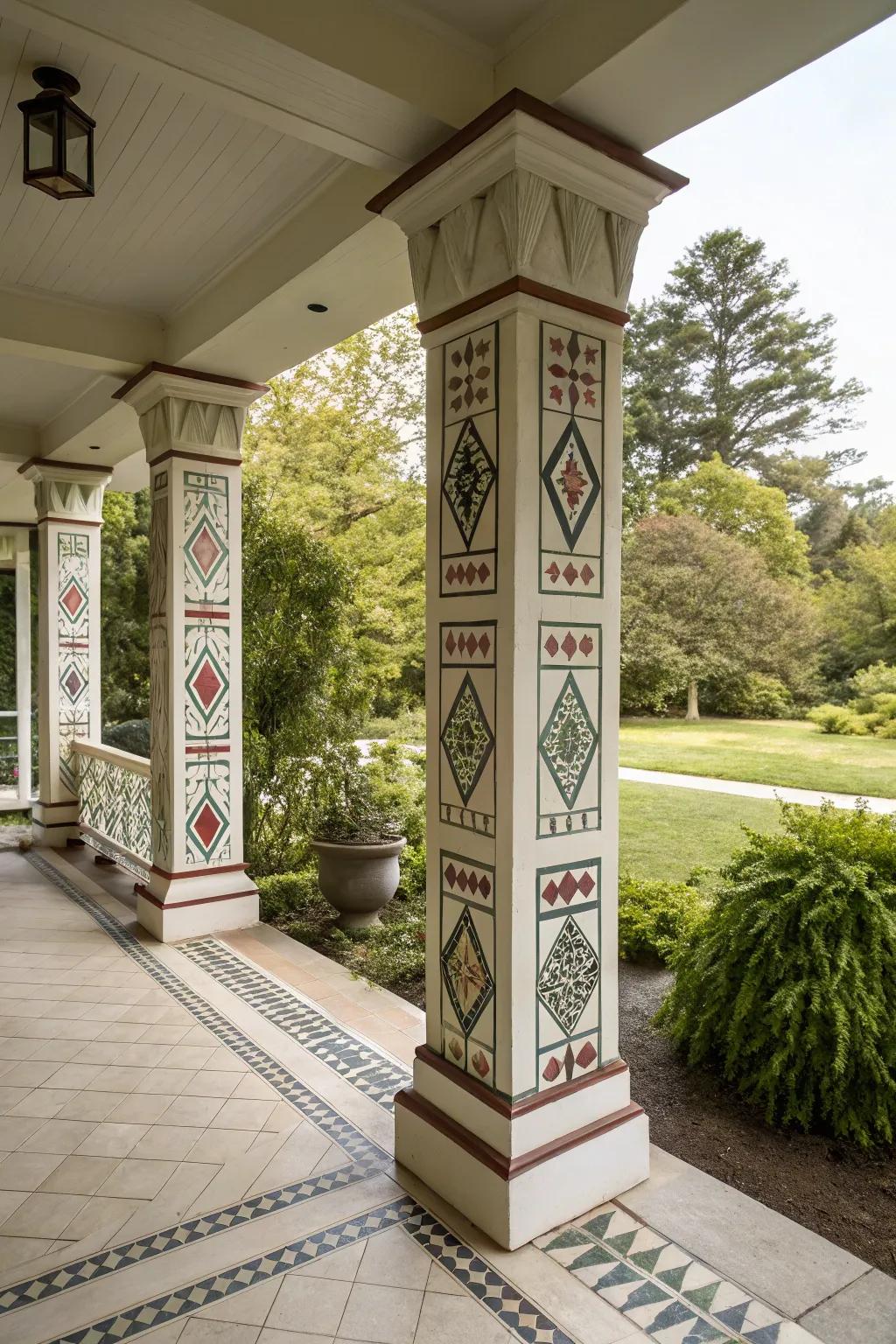 Geometric patterns on rectangular pillars add modern artistic flair.