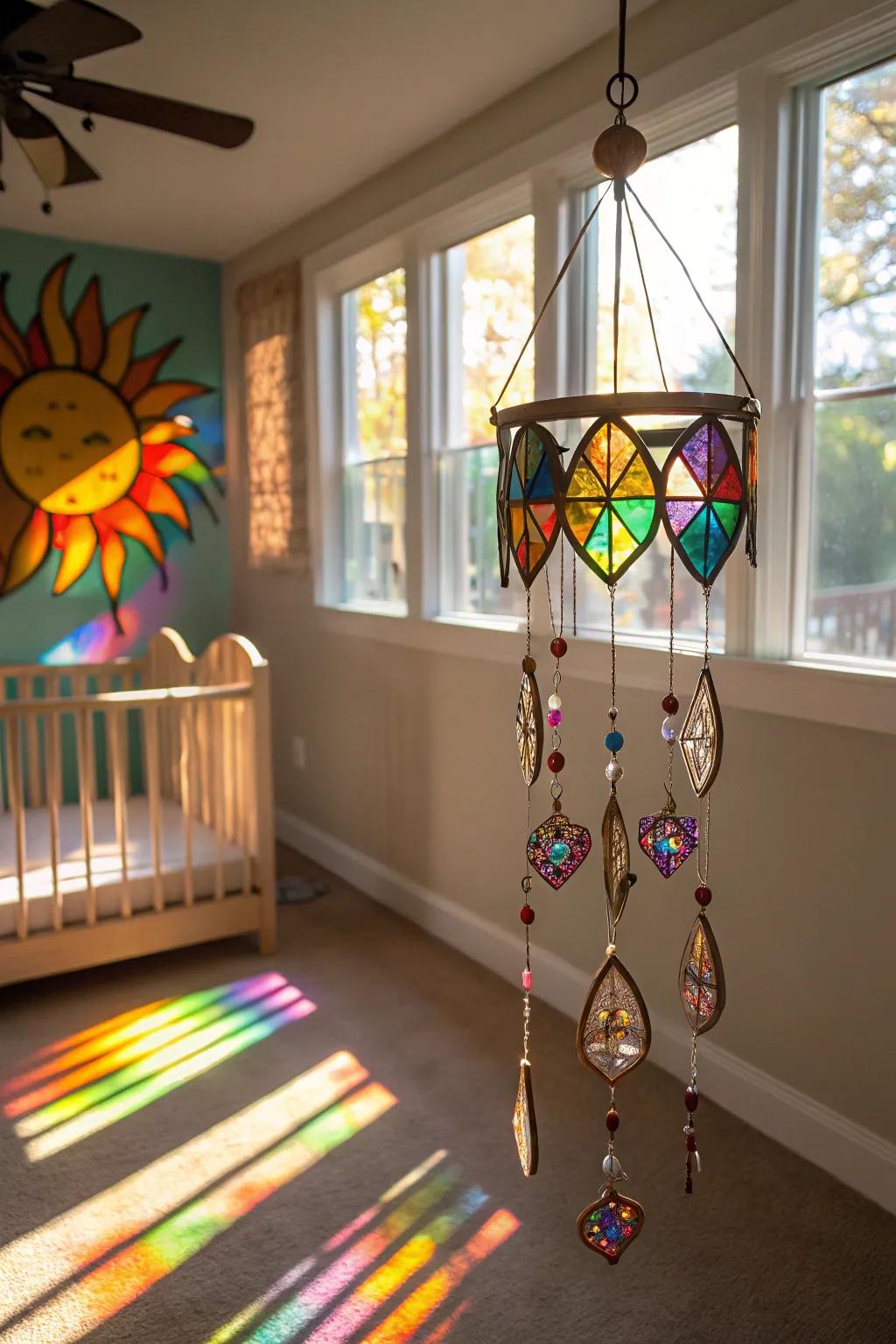 A stained glass mobile creates a magical atmosphere in a nursery.