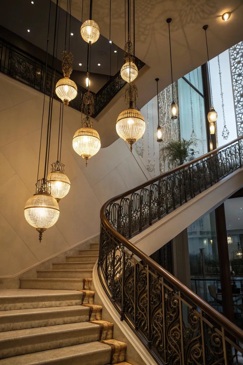 Pendant lights add elegance and glamour to stairs.