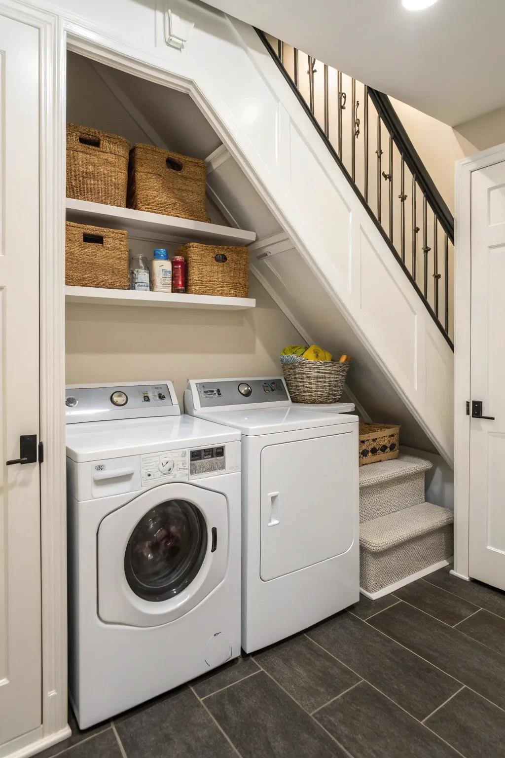 Streamline chores by using a small washing space beneath the stairs.