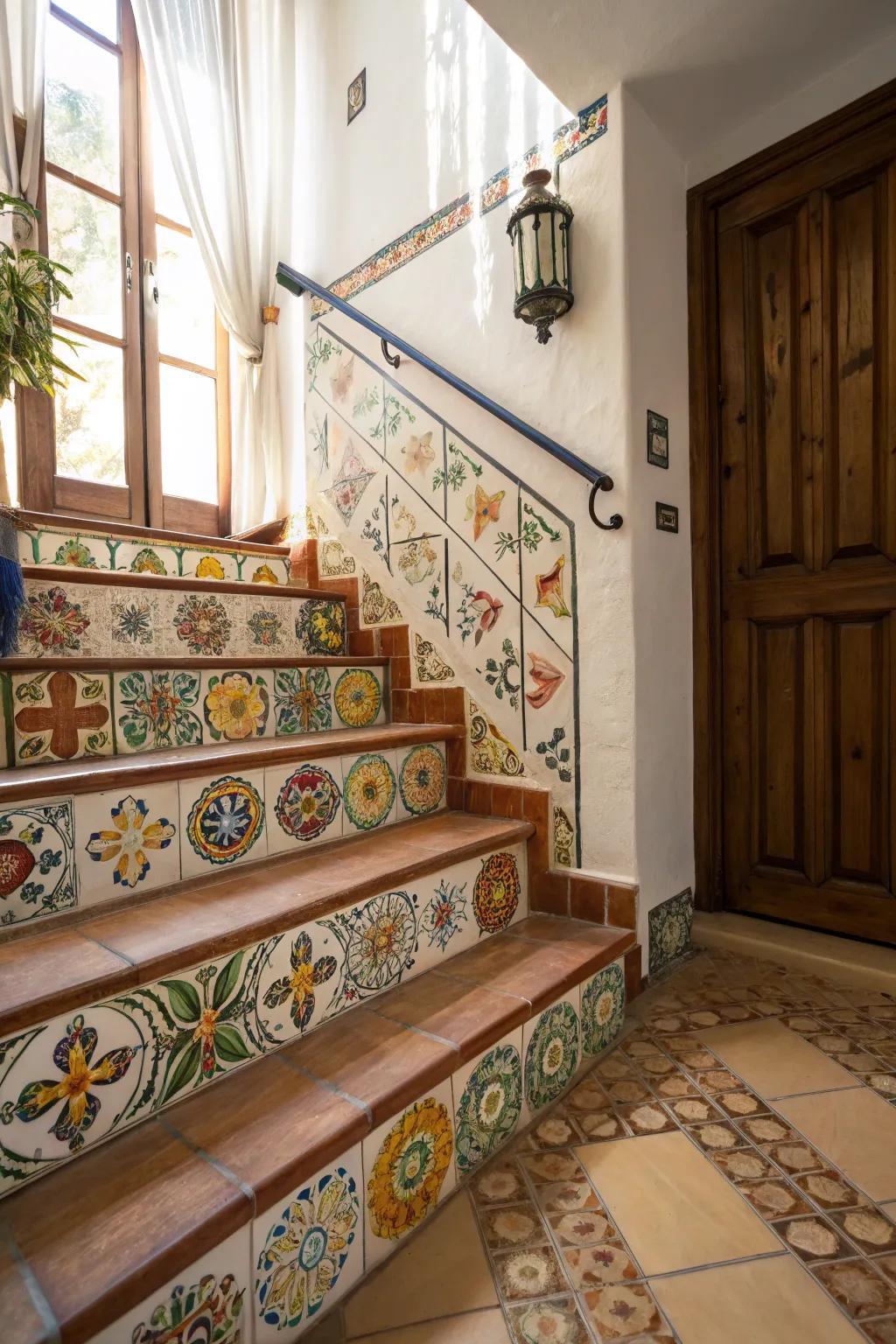 Tiles deliver a splash of color and a hint of the Mediterranean to stairwell walls.