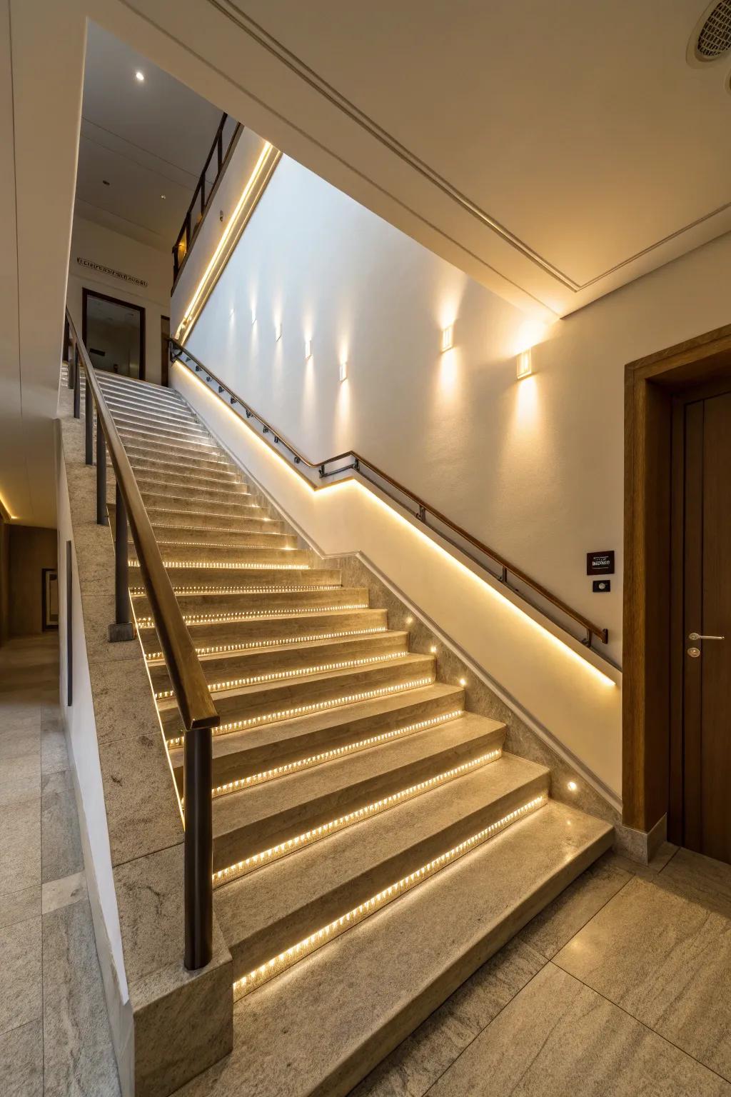 Lighting integrated into the trim enhances safety and the ambiance.