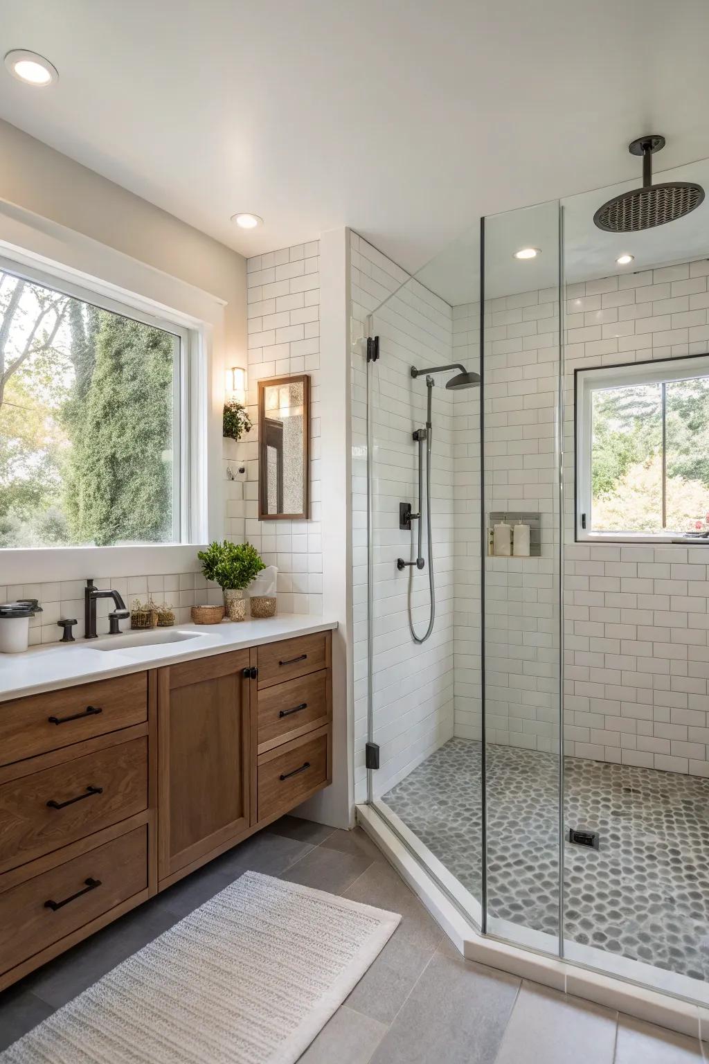 An open shower design promoting a smooth, flowing bathroom layout.