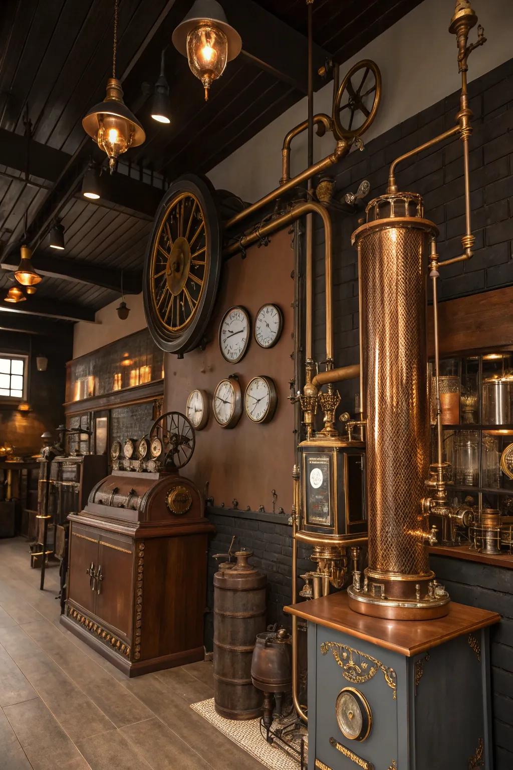Copper and brass accents enhance the lavish sensation of this steampunk room.