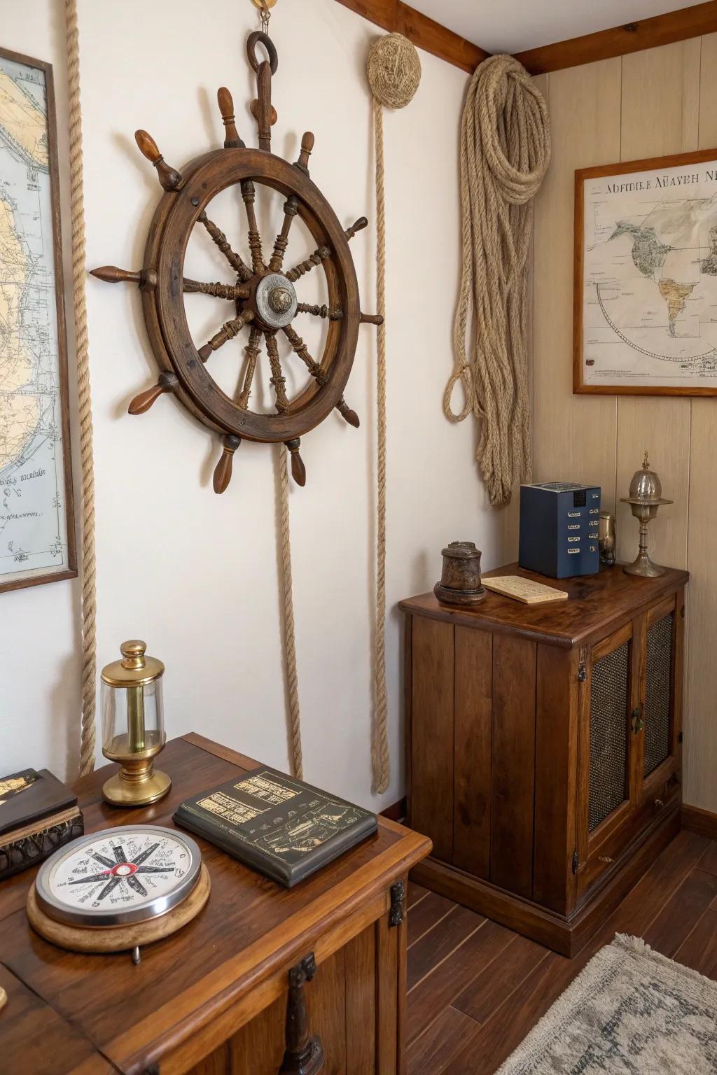 Nautical elements introduce an adventurous spirit to steampunk decor.