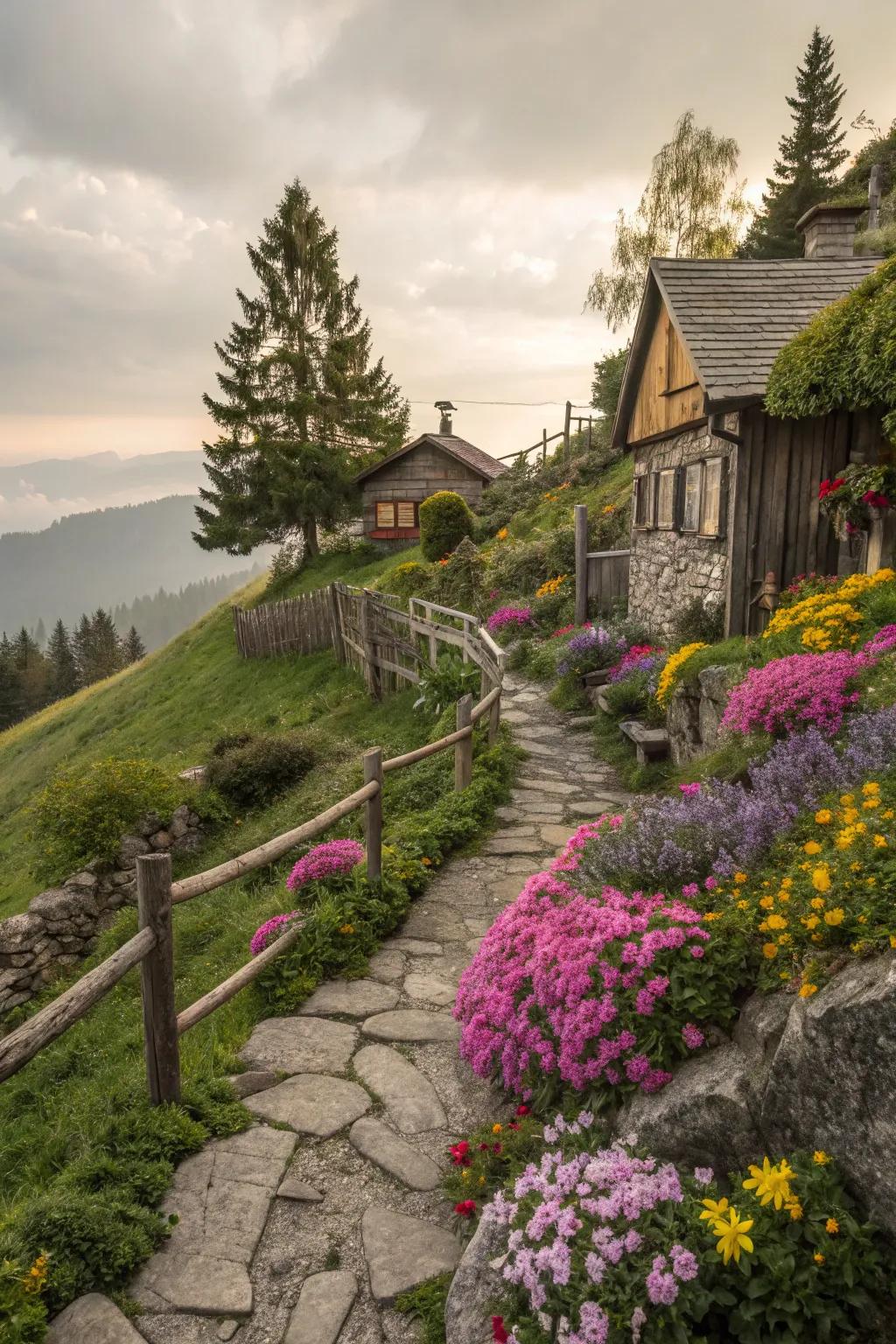 Cottage gardens add charm and whimsy to hillside landscapes.