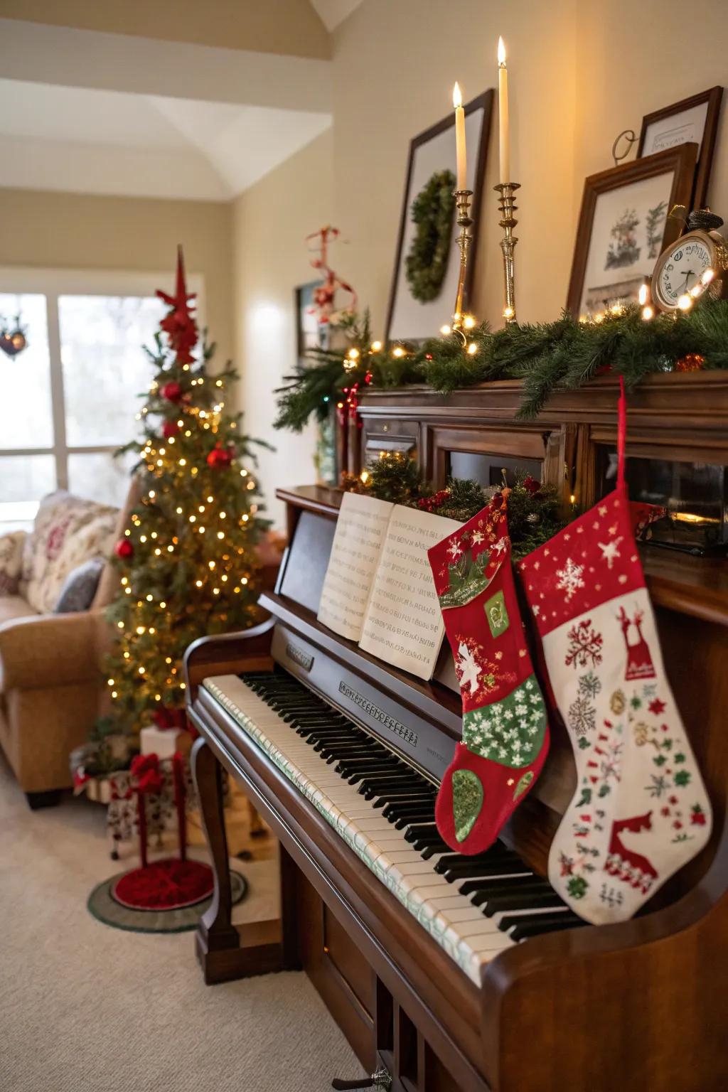 An upright piano offers a harmonious stocking display.