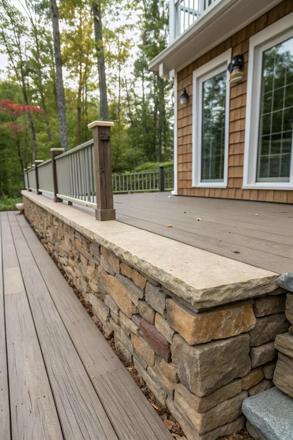 A sustainable deck through eco-conscious rock skirting, ideal for green living.