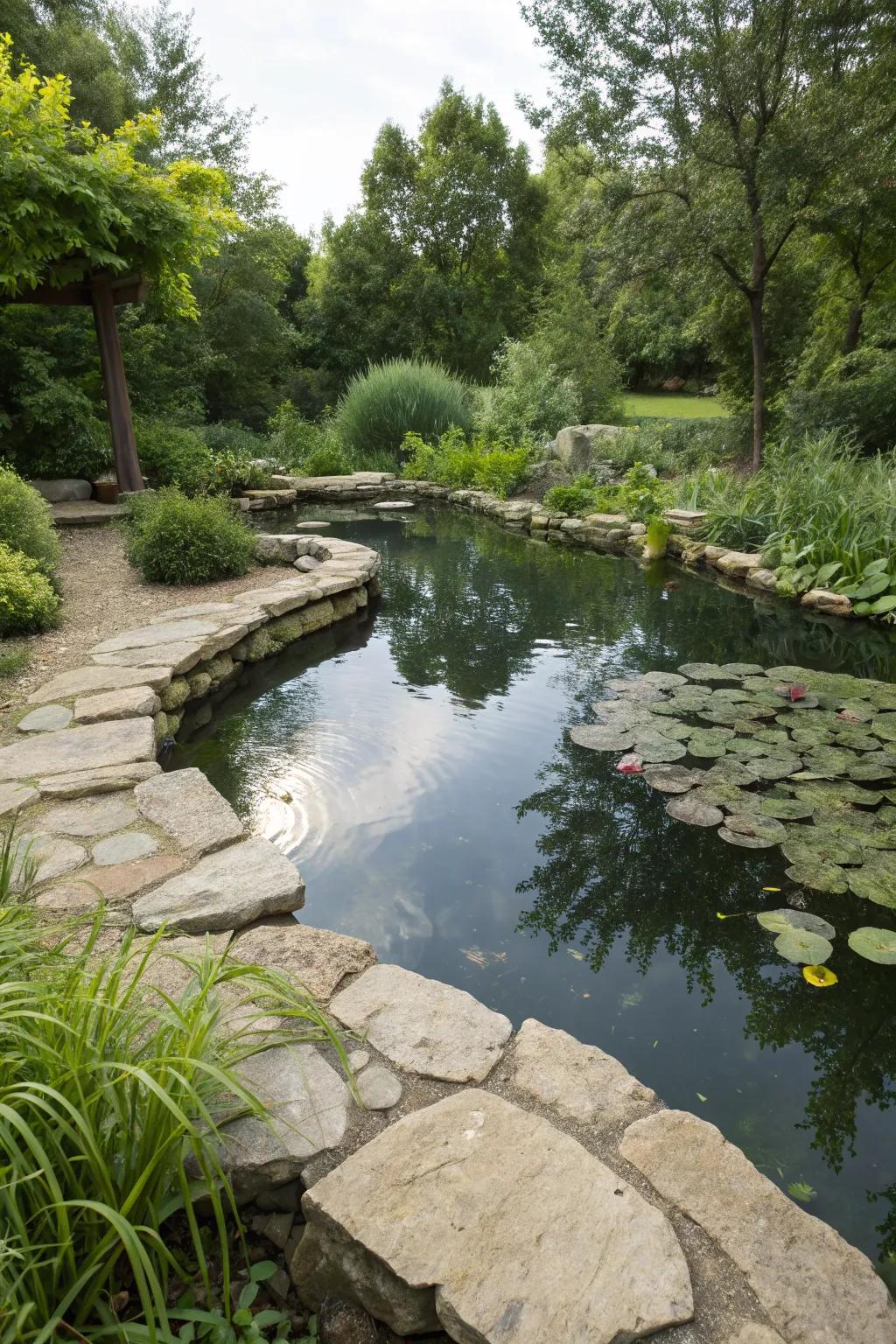 All-natural stone framing creating a serene pond setting.