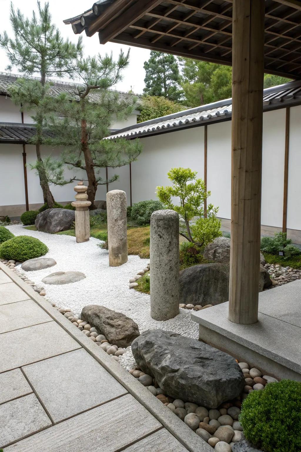 Craft a serene oasis with rock columns in your Zen garden.