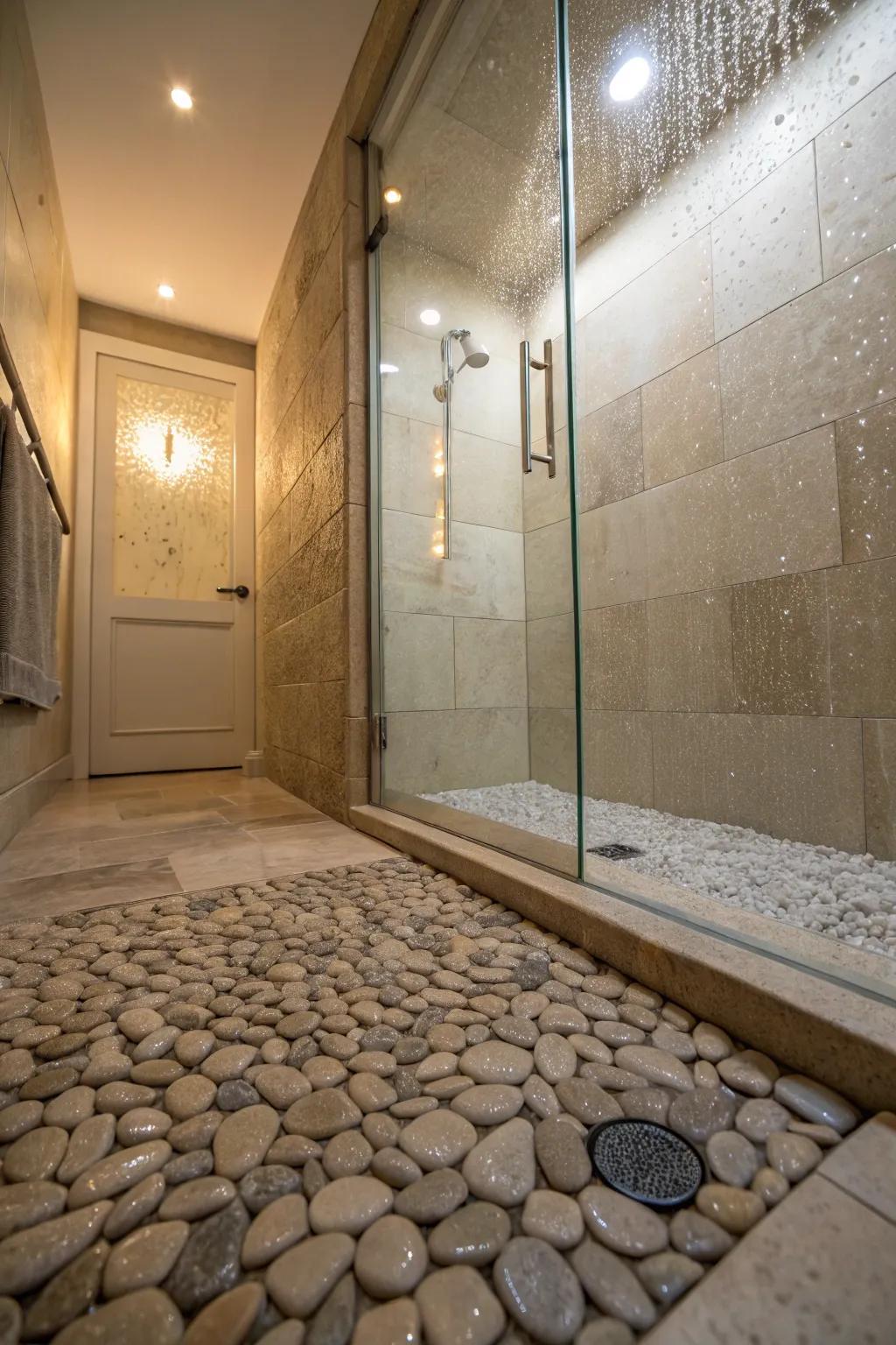 Patterned stone decking furnishes traction and tactile charm.
