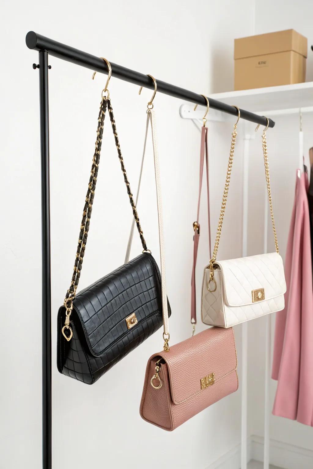 Purses hanging on a rod.