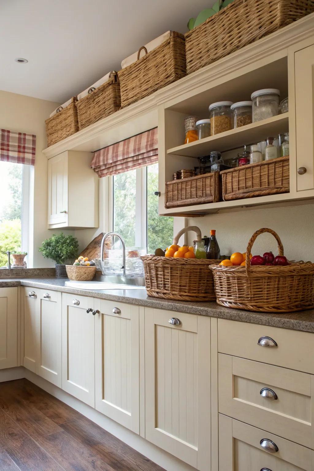Utilize the area above cabinets with decorative bins.