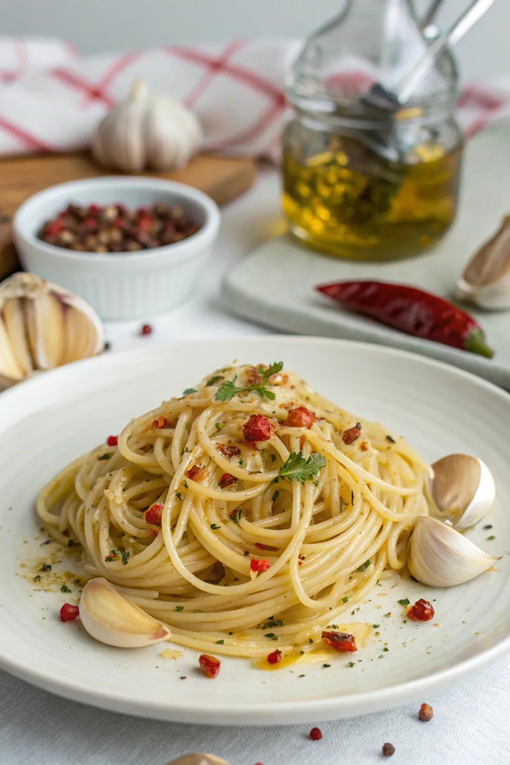 Strands with garlic oil, a timeless Italian classic.