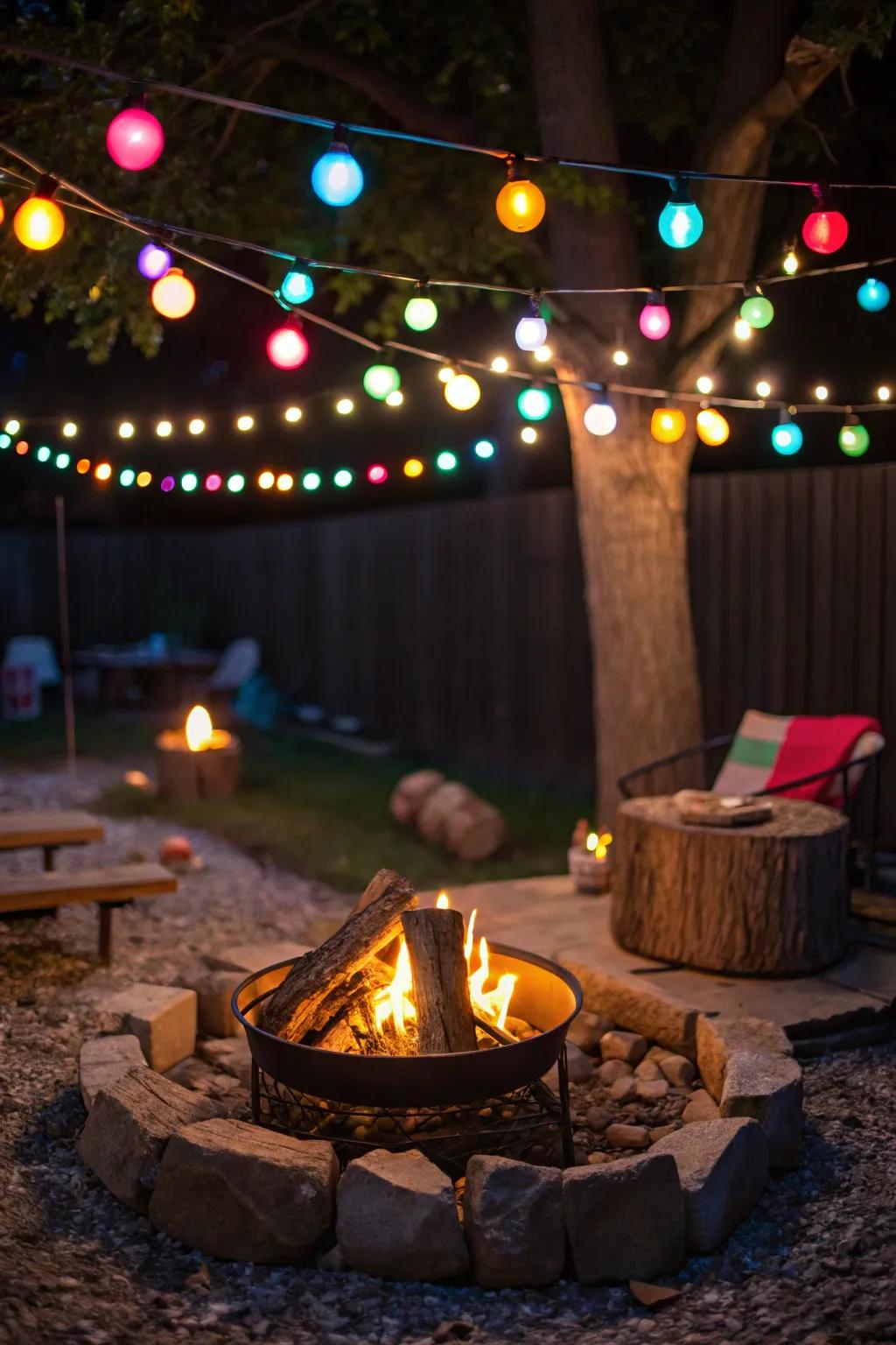 Colorful string lights create a festive and vibrant atmosphere.