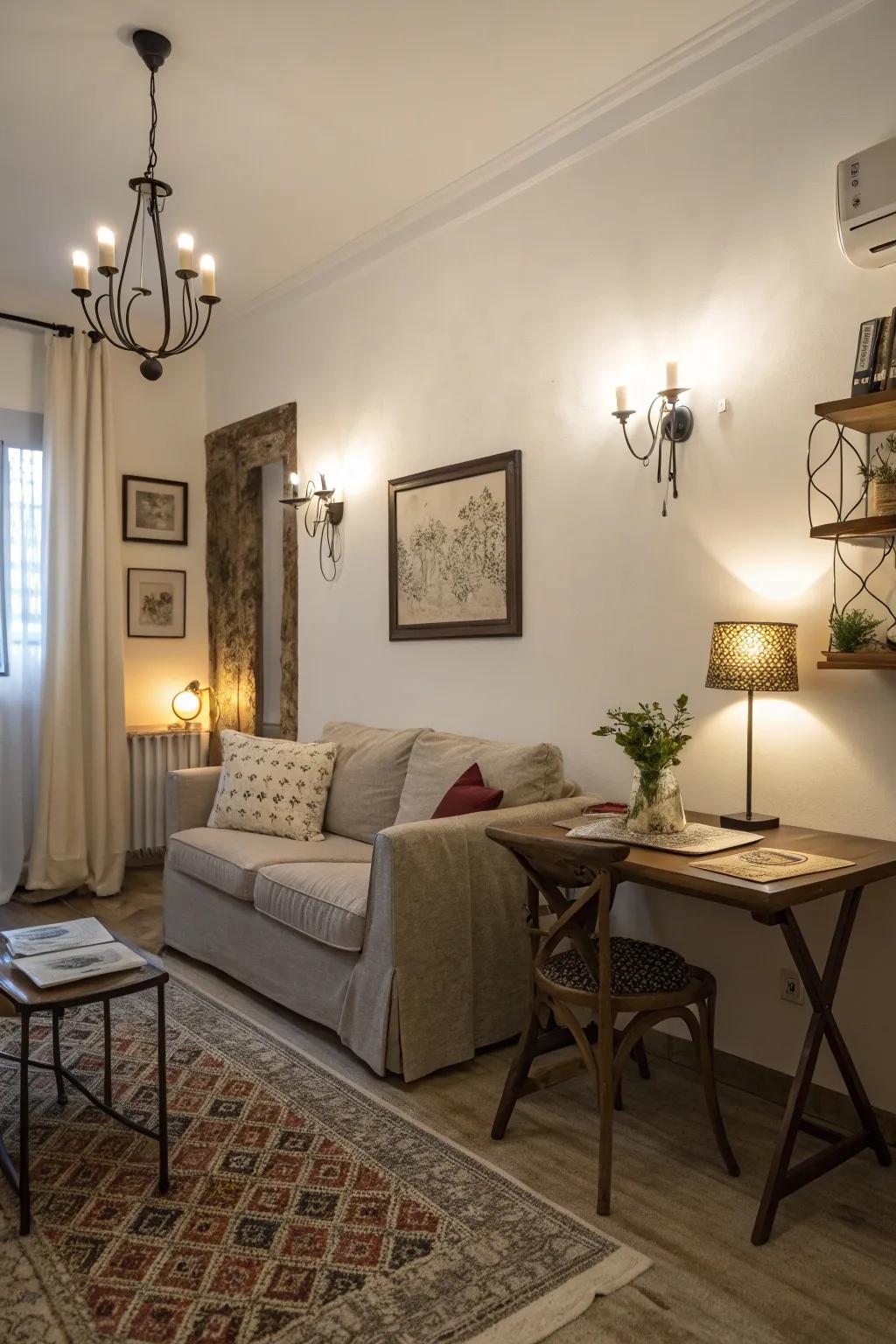 Wall-mounted lighting creates ambiance while saving space in a studio.