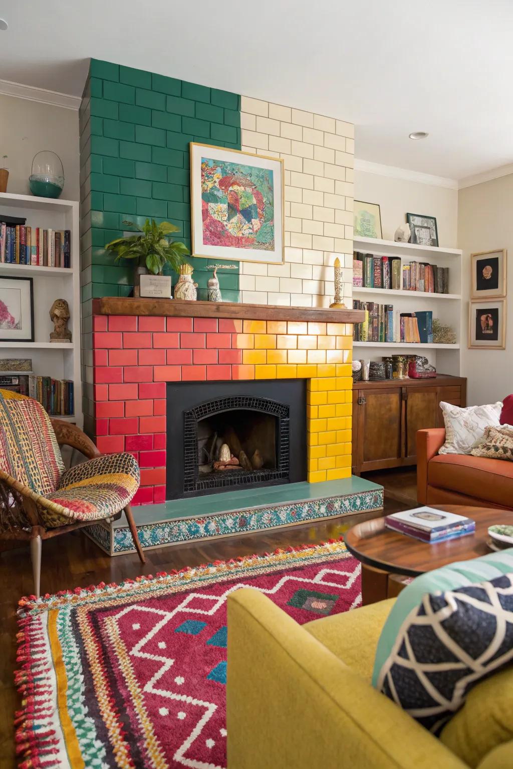 Bold color blocks make this tile fireplace a standout feature.