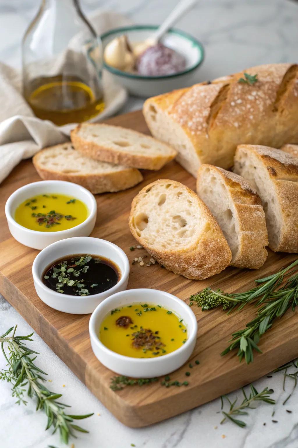 An effortless yet refined array of bread and dipping oils.