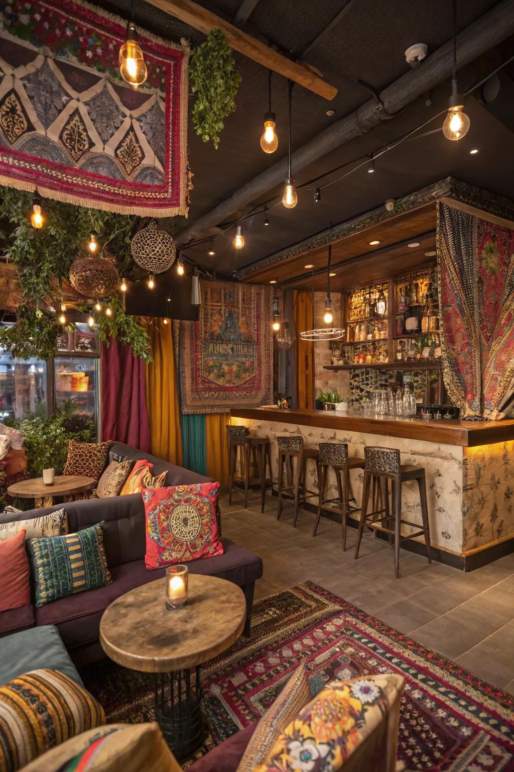A bohemian brews lounge filled with eclectic textiles and vibrant ornaments.