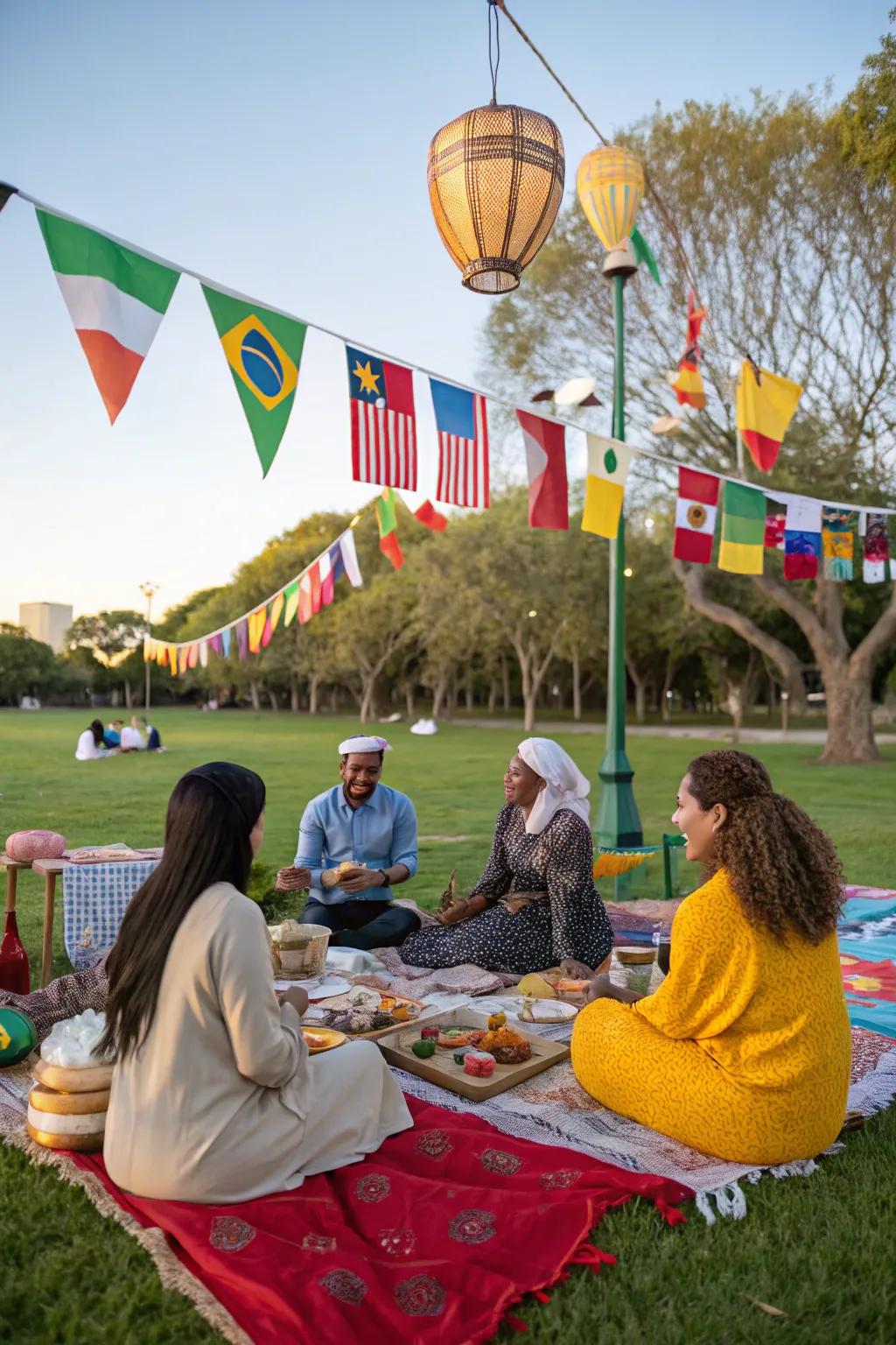 A cultural fusion picnic celebrating global diversity and traditions