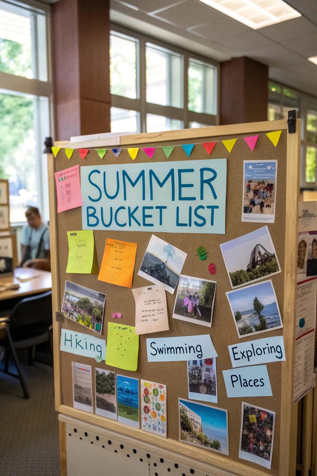 A bucket list-themed bulletin board inspiring summer adventures.