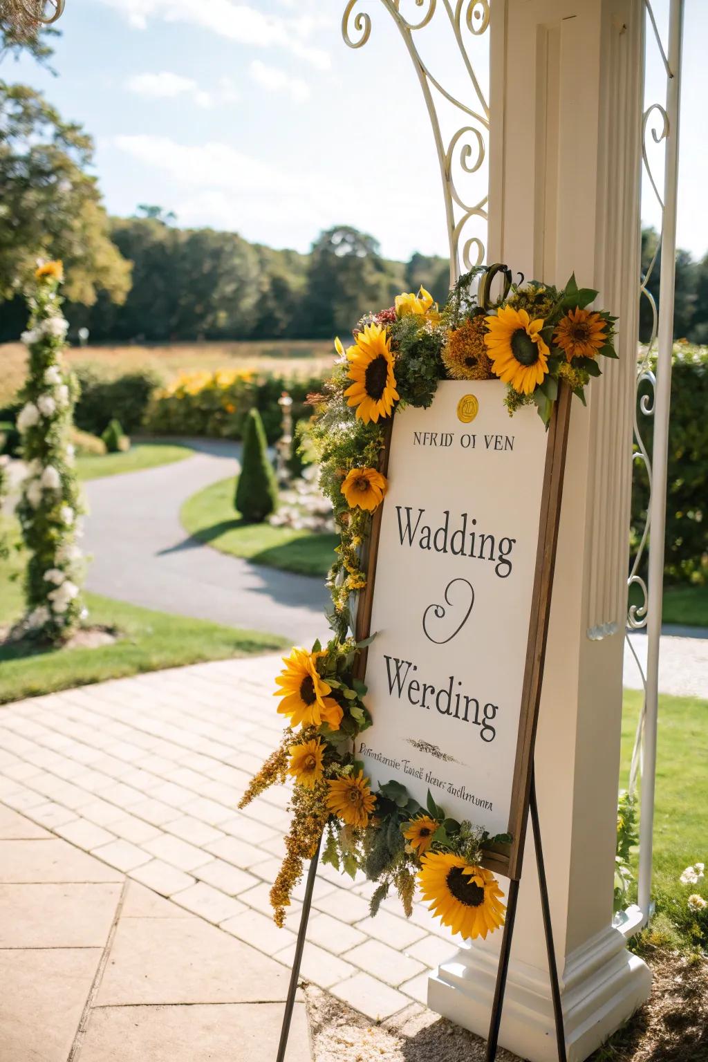 A welcoming wedding notice adorned with golden blooms.