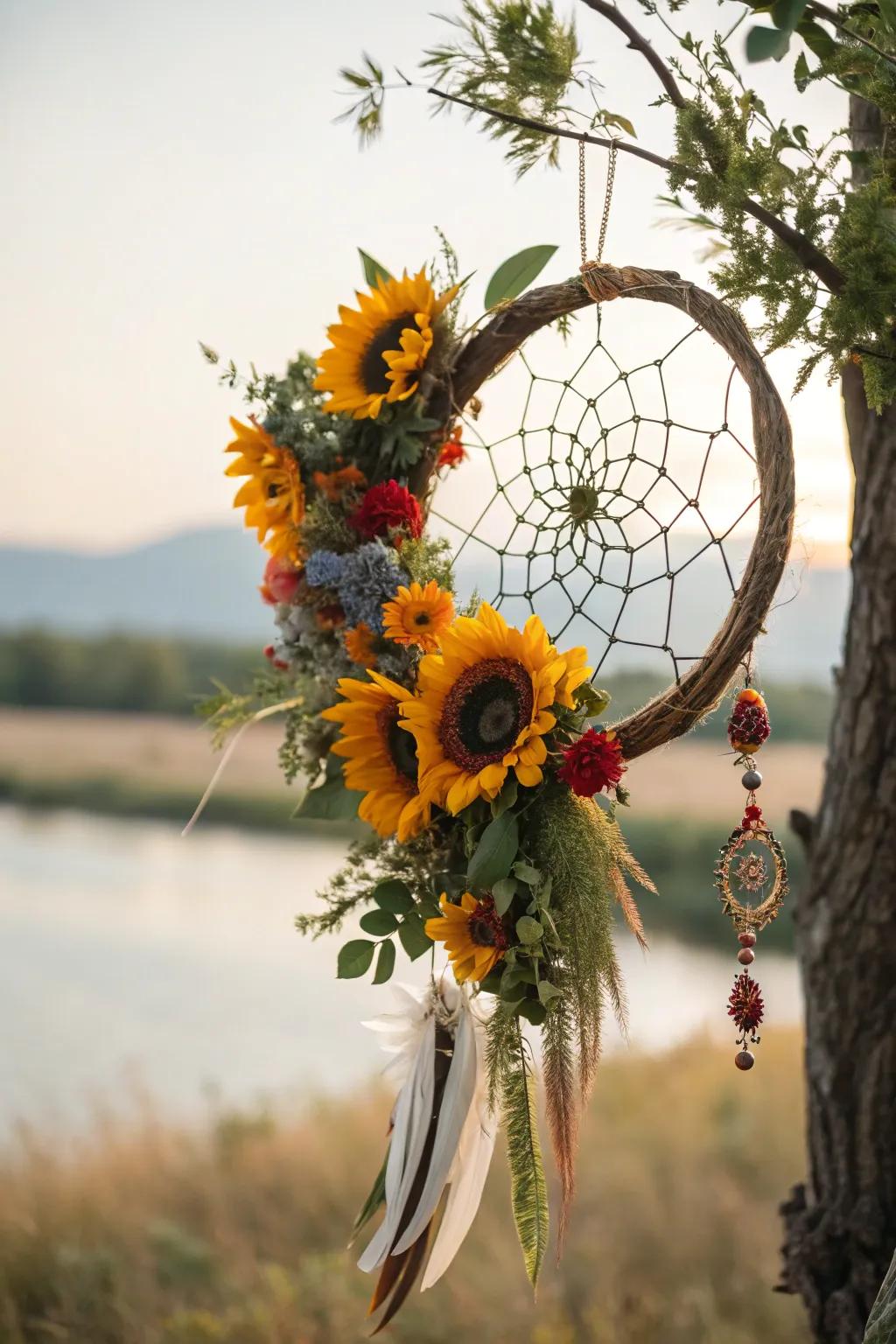 Capture dreamy bohemian vibes with a sunflower dreamcatcher wreath, a fusion of cultures and styles.