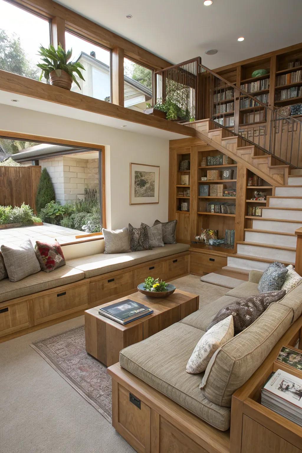 A sunken living room featuring integrated seating and storage.