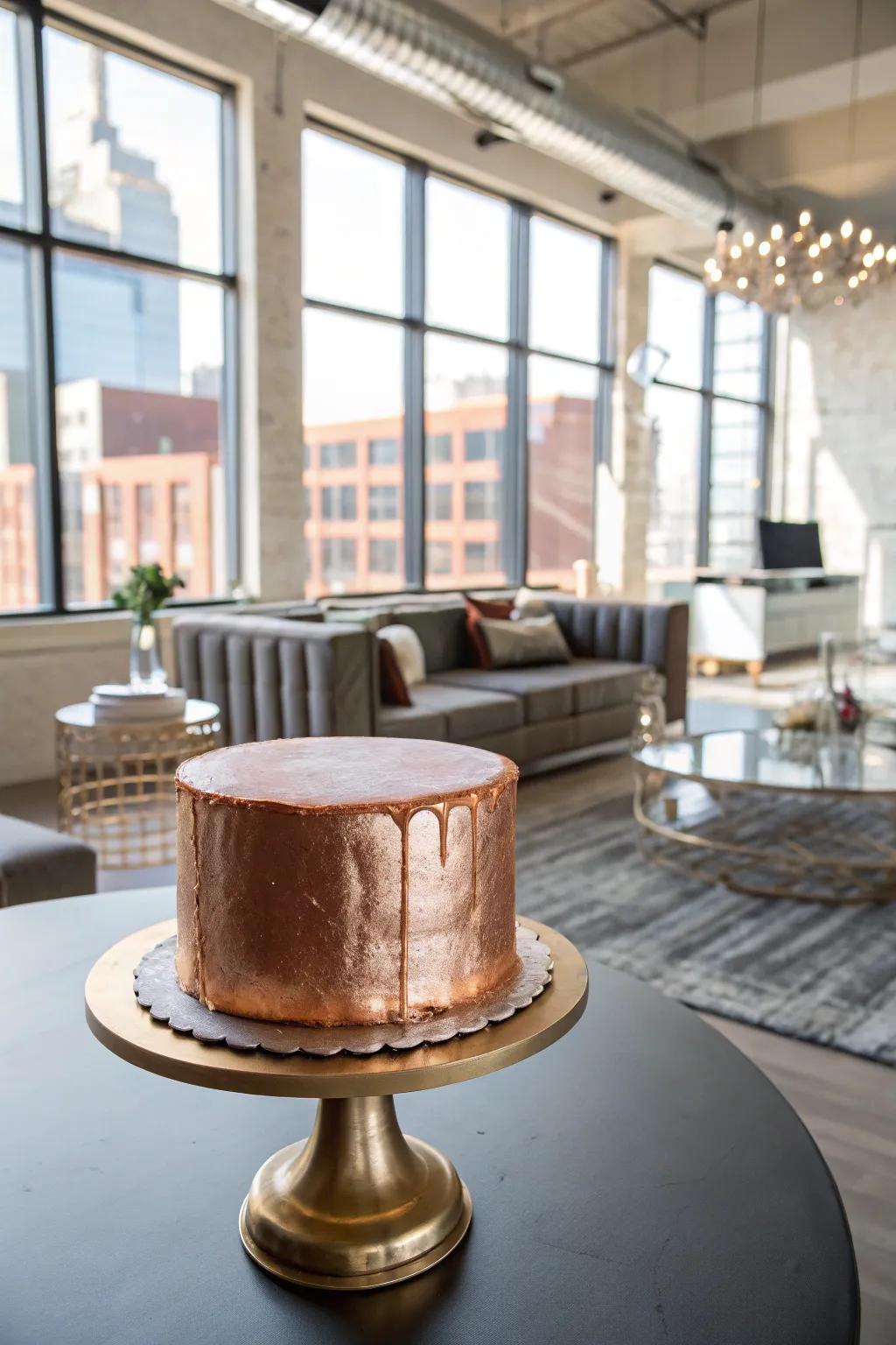 A shimmering metallic masterpiece cake that seizes attention with its avant-garde design.