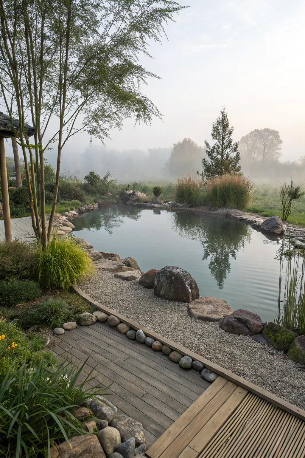 Tranquil garden aspects promote peace surrounding this swimming pond.