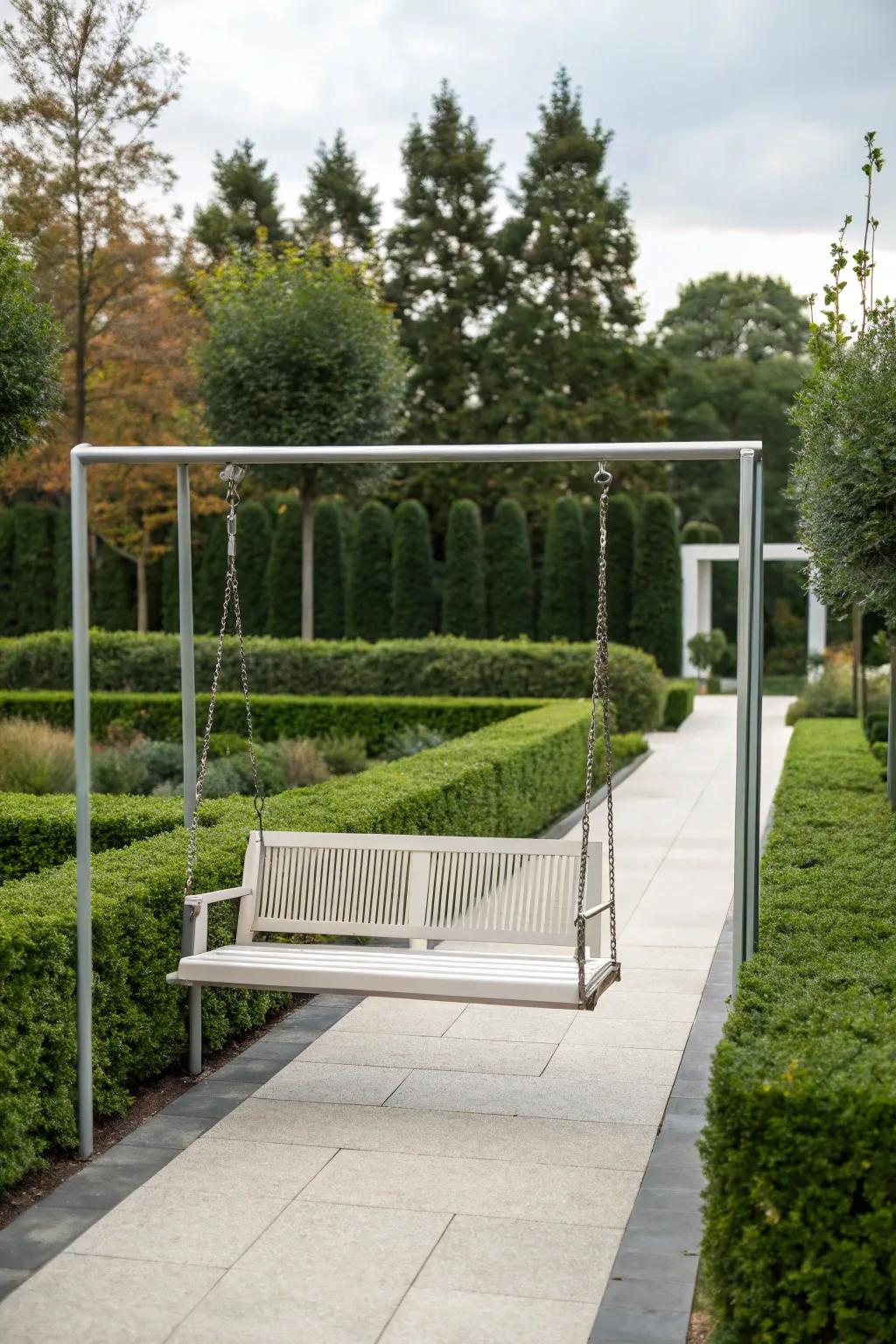 A minimalist steel structure swing introduces contemporary elegance.