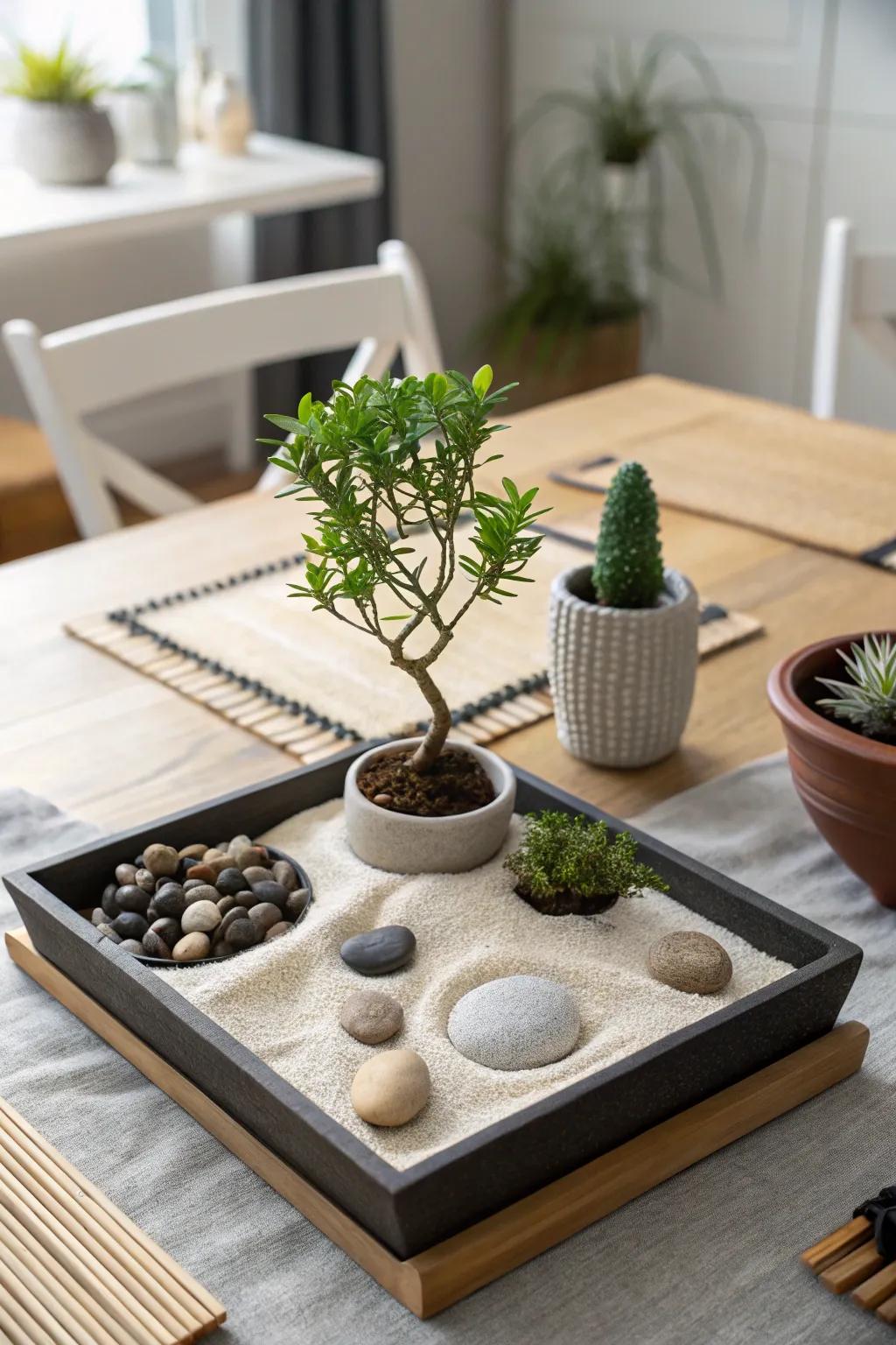 A calming centerpiece with Zen garden vibes.