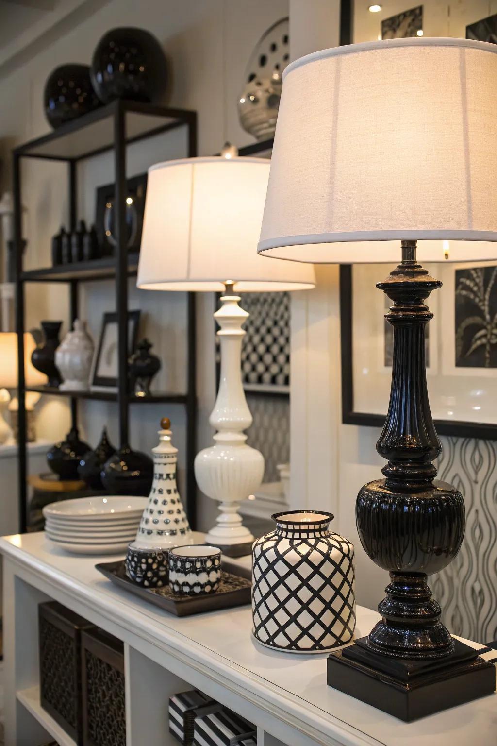 Black and white table lamps enhance the sophistication of a monochrome room.