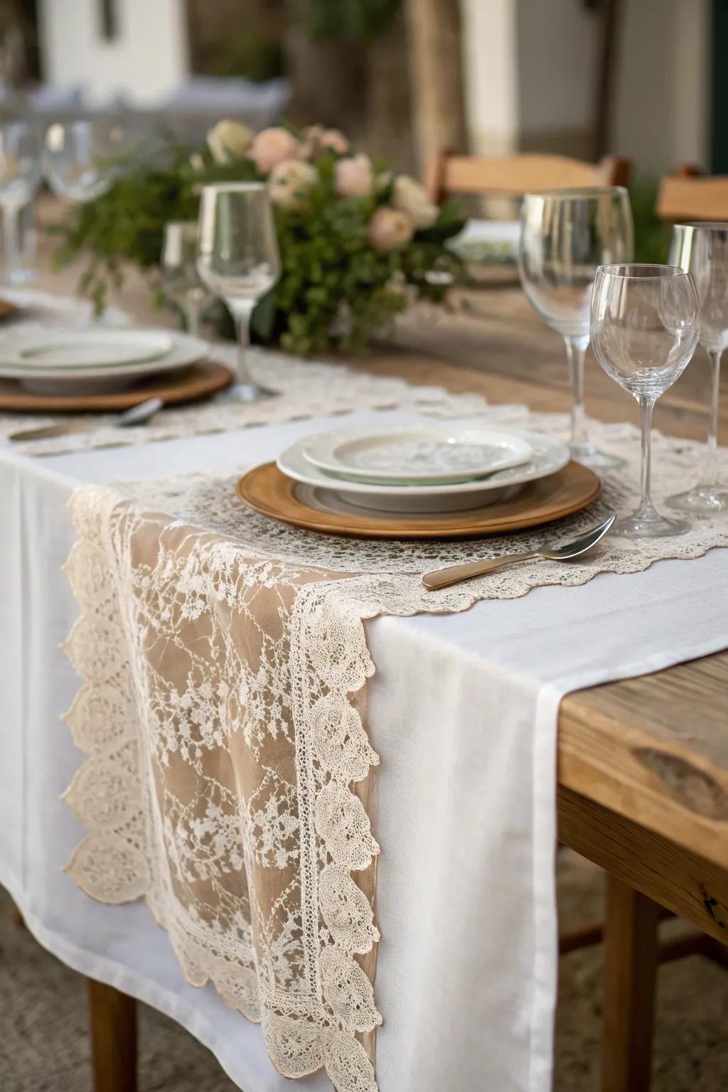 Filigree table runner for a romantic and elegant dining setting.