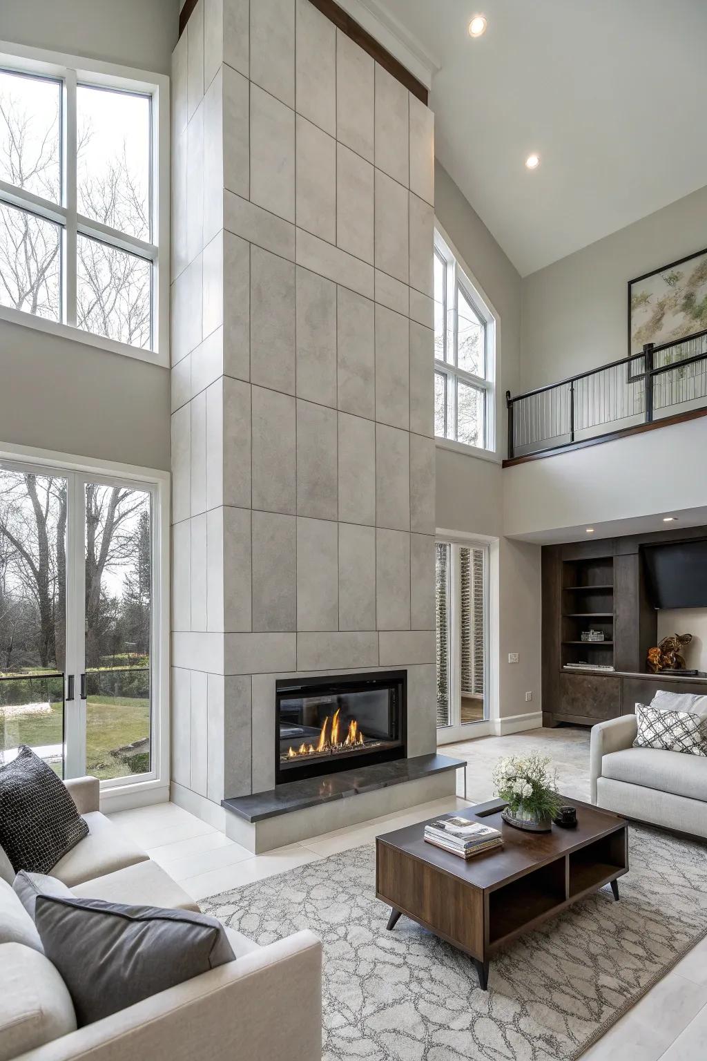 Grandiose paneling fashions a modern and expansive semblance on a fireplace wall.
