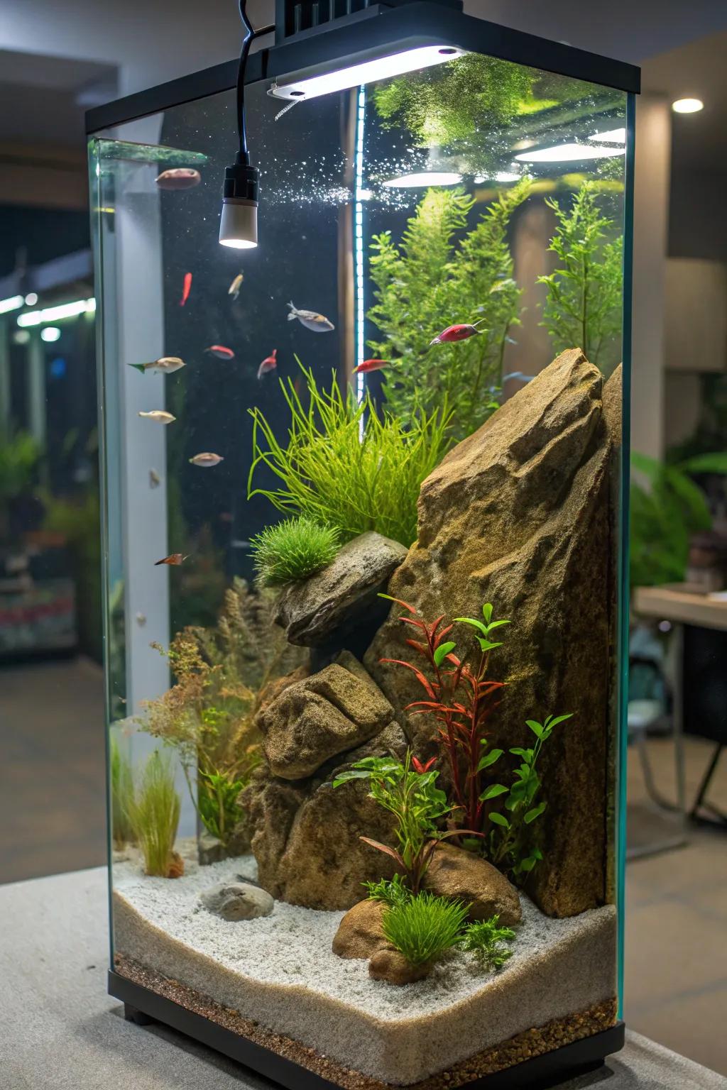 A towering aquarium exquisitely fashioned as a biotope.