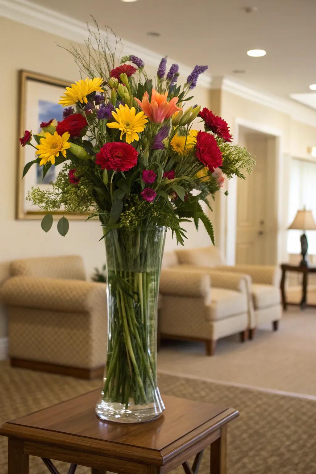 A tall glass vase with a vibrant bouquet of flowers, making a bold statement in a neutral room.