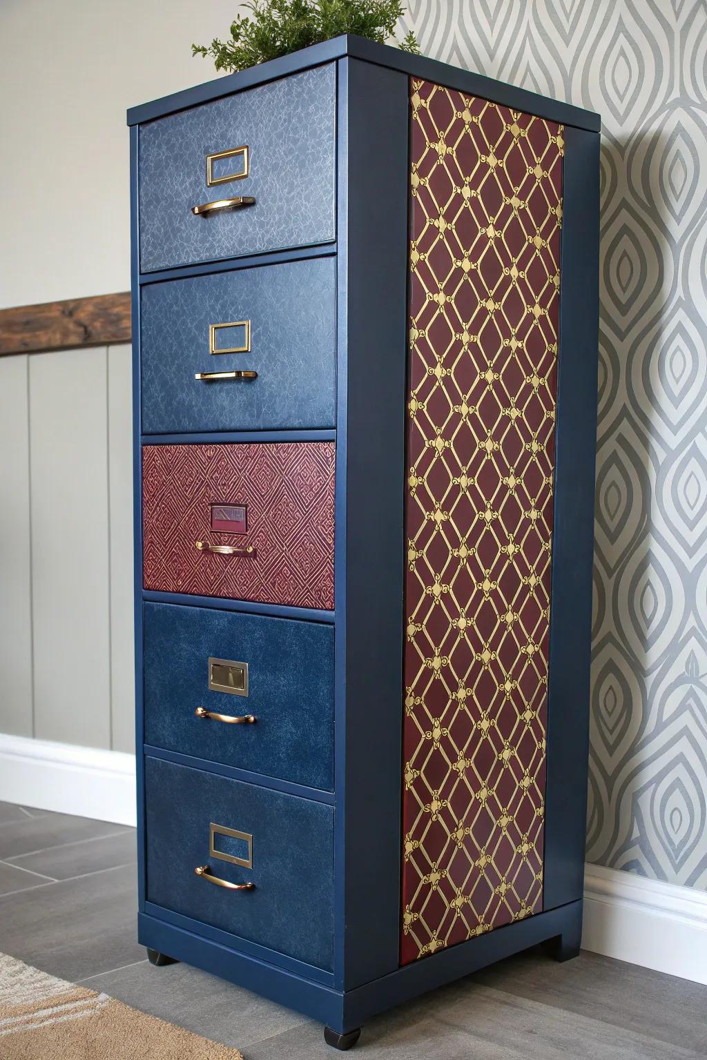 Unleash your creativity: Transform a filing cabinet into a masterwork using paint, textile, and wall adornment!