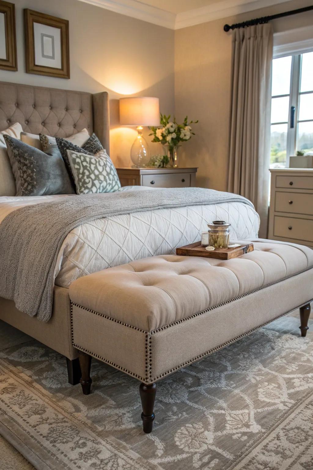 An earthen bedside bench adds style and practicality.