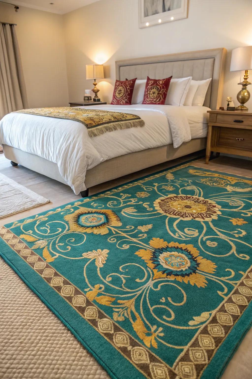An aqua and gilded rug ties the room's color scheme together beautifully.