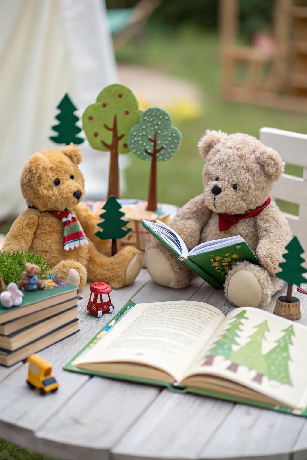 A whimsical storybook scene with teddy bears.
