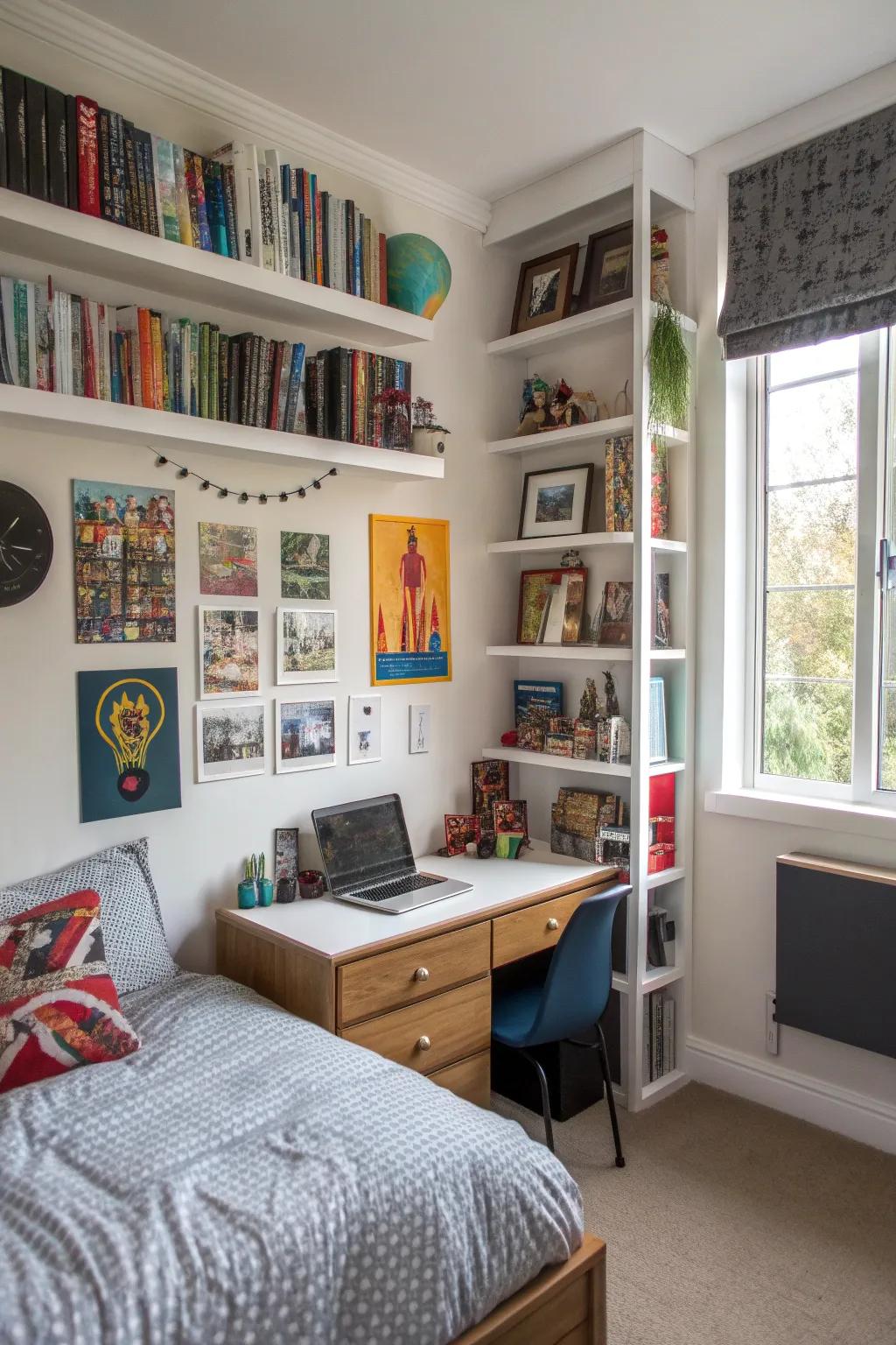 Smart utilization of wall space using shelves and wall-secured storage in this teen boy's room.
