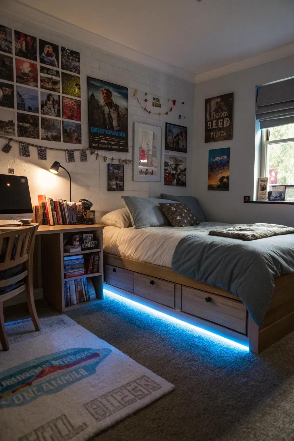 Under-bed lighting adds a cool, unexpected glow.