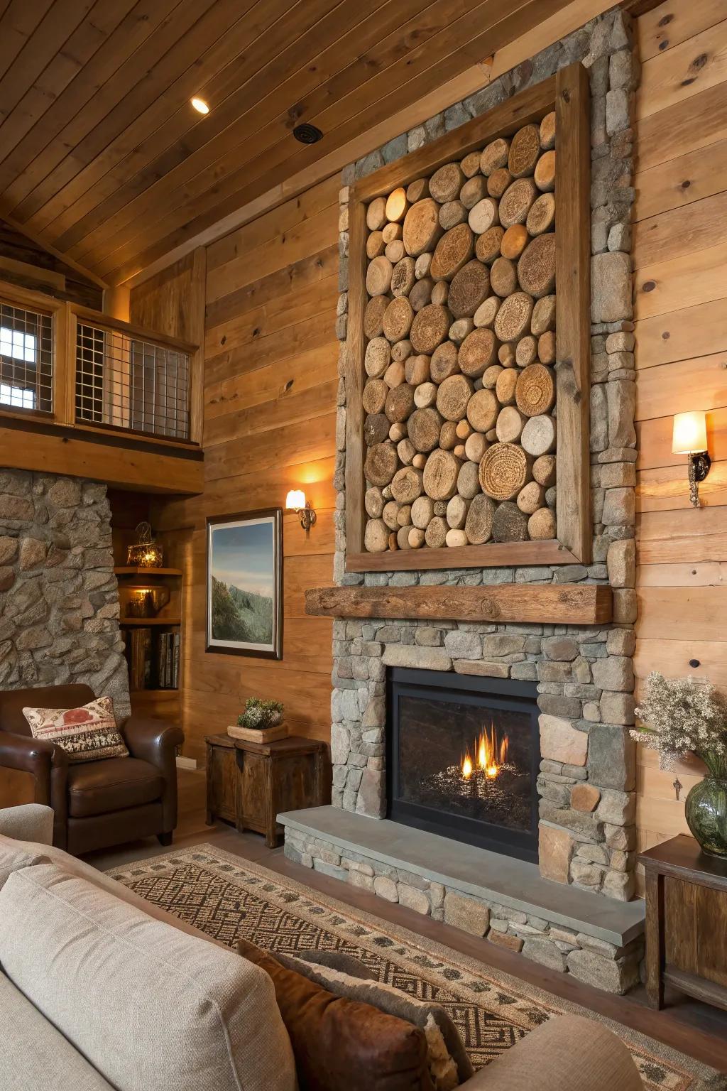 Natural materials in this textured art piece add rustic charm to the living room.
