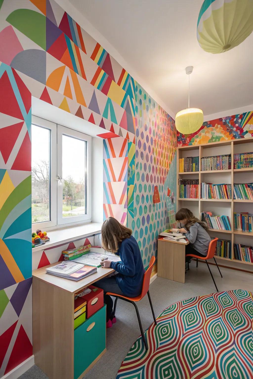 A study room with playful optical illusion wall textures.