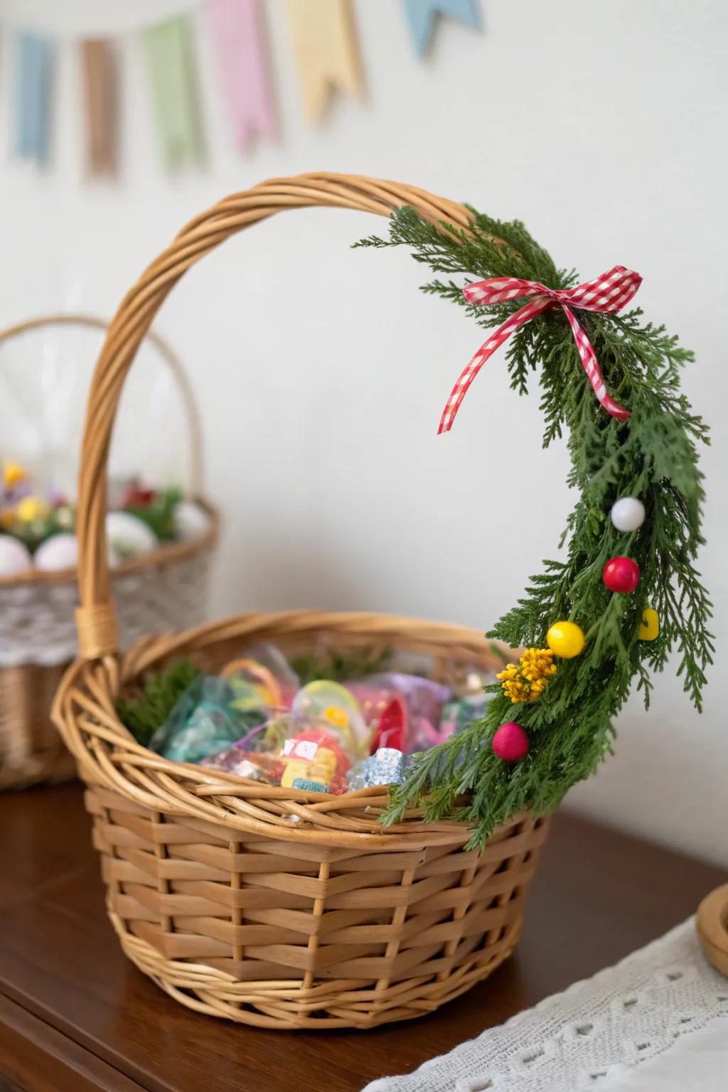 A charming flower decoration adds festive charm to the basket.