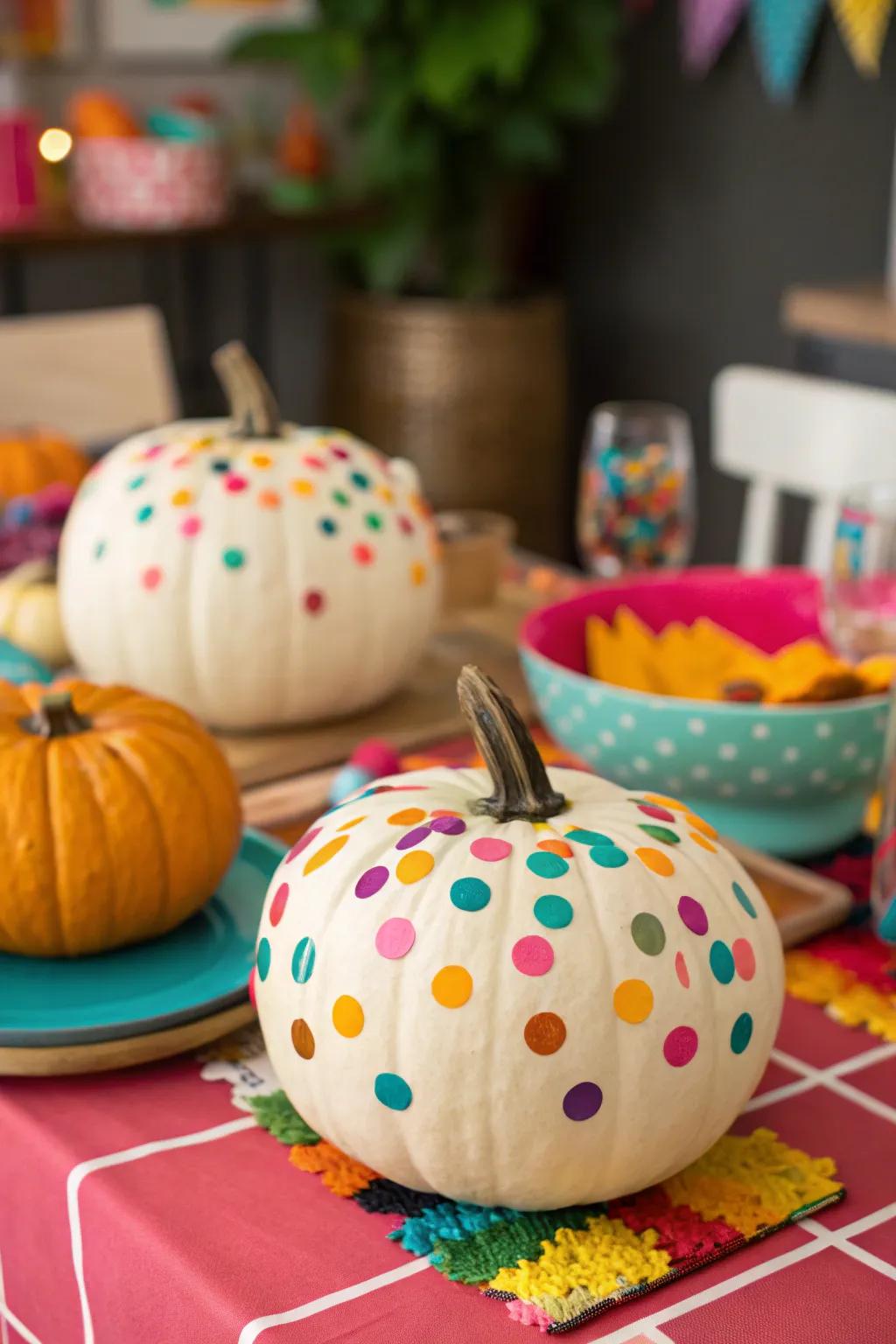 Playful confetti coated pumpkins for festive fun.